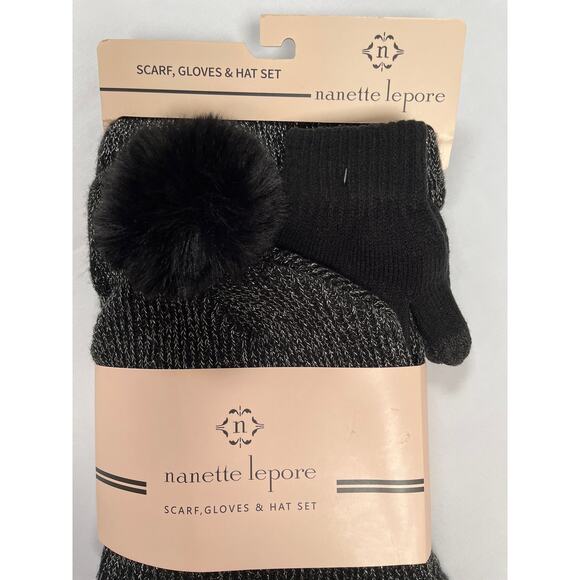 Nanette Lepore Scarf Gloves Hat Set of 3 Pieces Black Silver Metallic - Picture 2 of 7